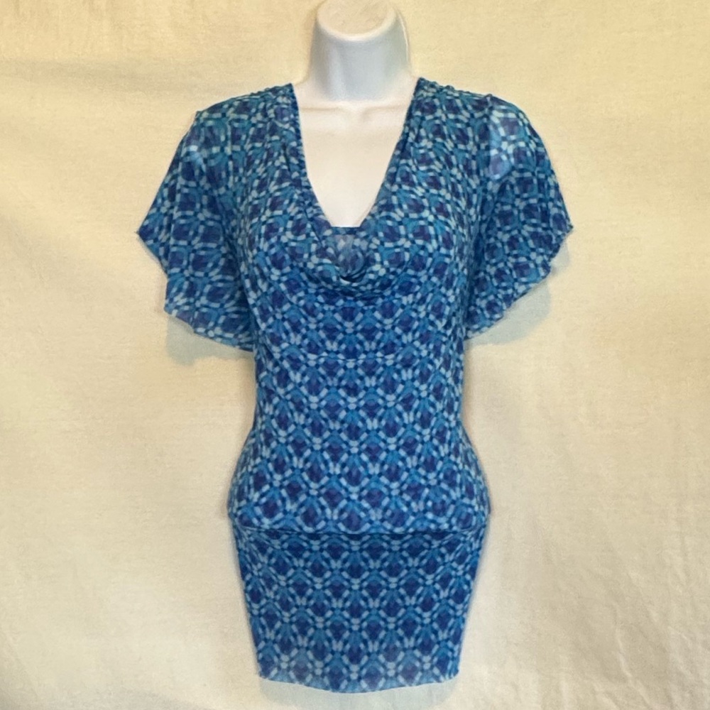 F-91 Chadwick’s Blue Print Short Sleeve Lined Pullover Blouse Size XL